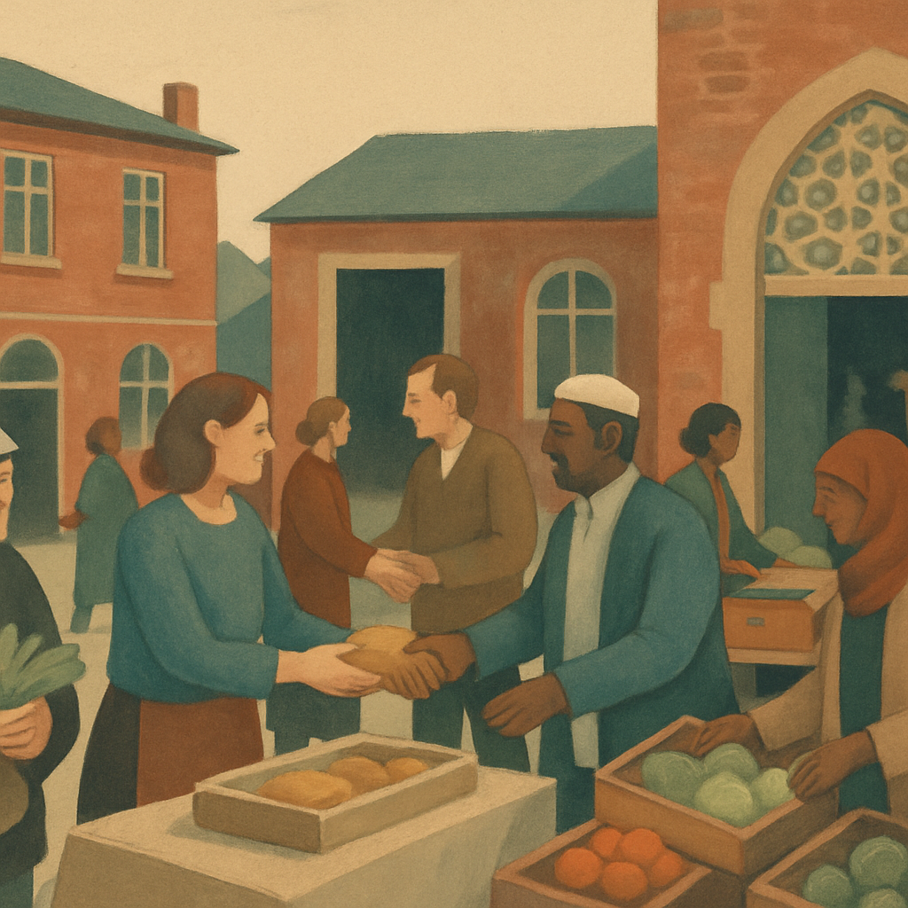 Illustration: A bustling market scene in Manchester, filled with diverse people engaging in conversation and exchanging goods, symboli